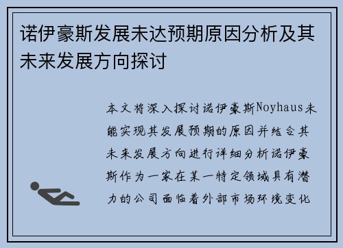 诺伊豪斯发展未达预期原因分析及其未来发展方向探讨 诺伊豪斯发展未达预期原因分析及其未来发展方向探讨